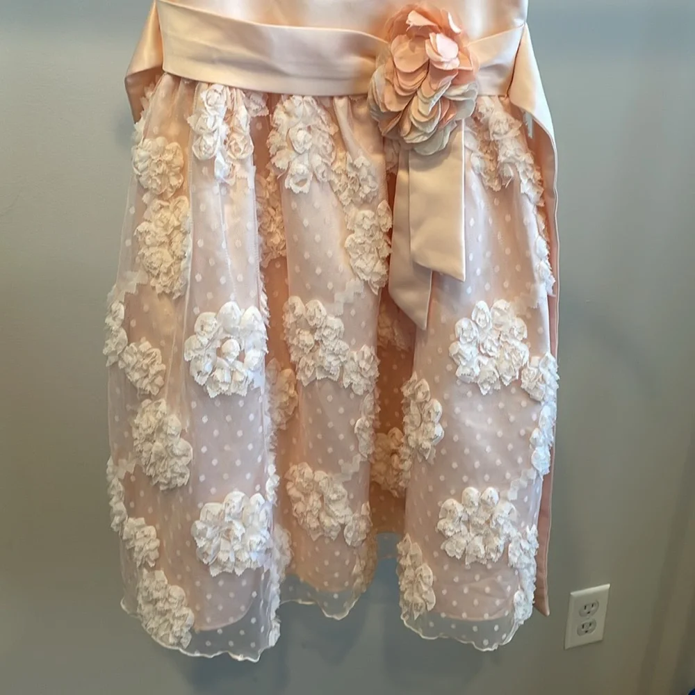 Bonnie Jean Girls Lace Floral Pink Satin Dress, Size 6, EUC, Flower Girl Dress